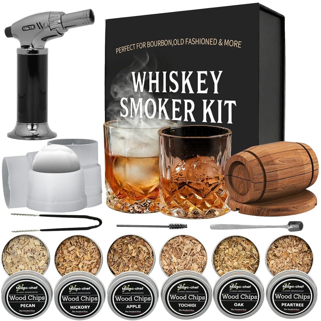 Whisky Smoker Set mit Brenner, Cocktail Smoker für Old Fashioned, Bourbon & Whisky, Rauchinfuser für Getränke, Geschenk für Männer, Ehemann, Papa, Ohne Butangas