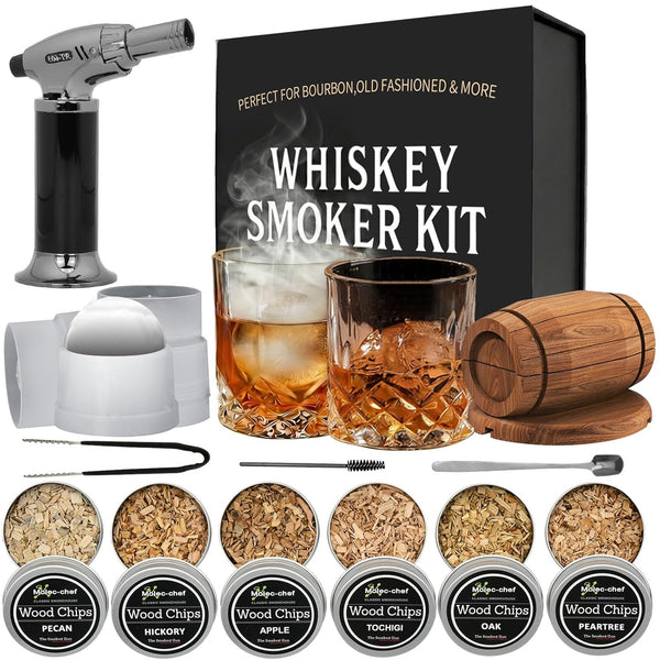Whisky Smoker Set mit Brenner, Cocktail Smoker für Old Fashioned, Bourbon & Whisky, Rauchinfuser für Getränke, Geschenk für Männer, Ehemann, Papa, Ohne Butangas
