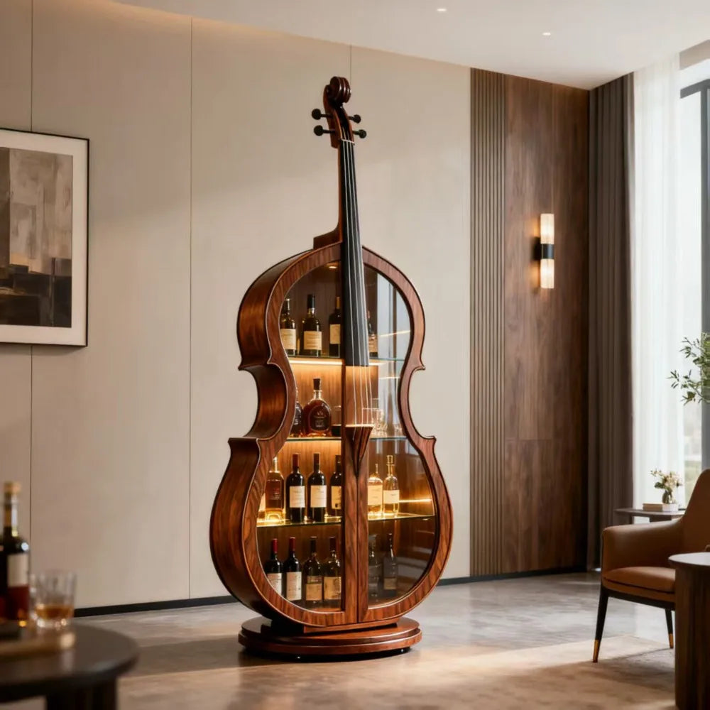 Weinschrank im Cello-Design aus nordamerikanischem Schwarznuss – Massivholz-Vitrine für Wein & Spirituosen, Wohnzimmer
