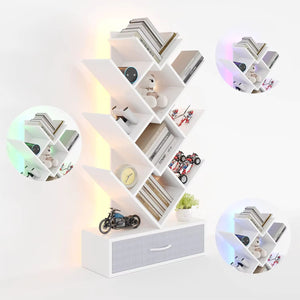 Baum-Bücherregal mit LED & Schublade – Rustikal & Platzsparend