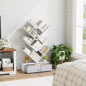 Baum-Bücherregal mit LED & Schublade – Rustikal & Platzsparend