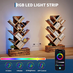 Baum-Bücherregal mit LED & Schublade – Rustikal & Platzsparend