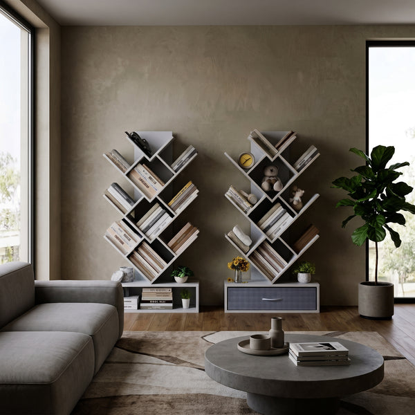 Baum-Bücherregal mit LED & Schublade – Rustikal & Platzsparend